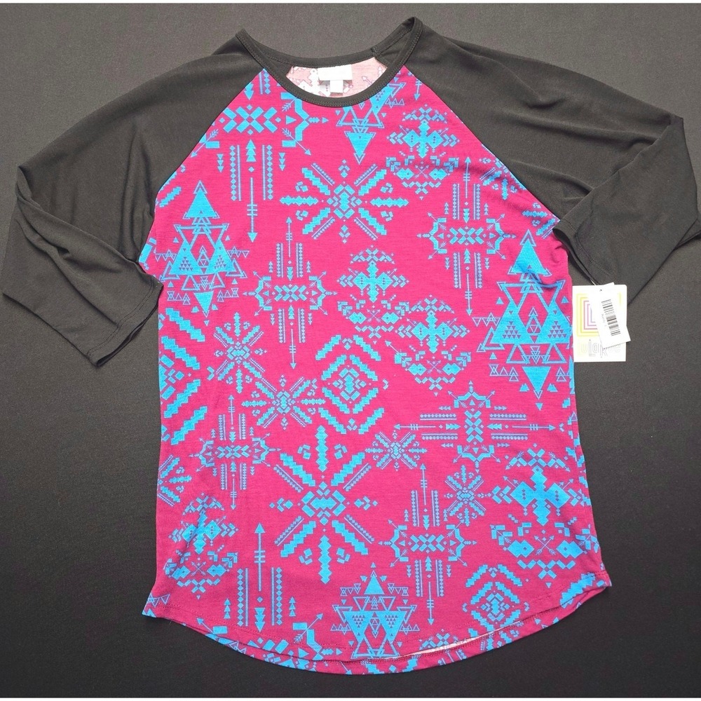 LuLaRoe Randy Top Women's Large NWT Pink Blue Geometric Tribal Print Raglan 3/4